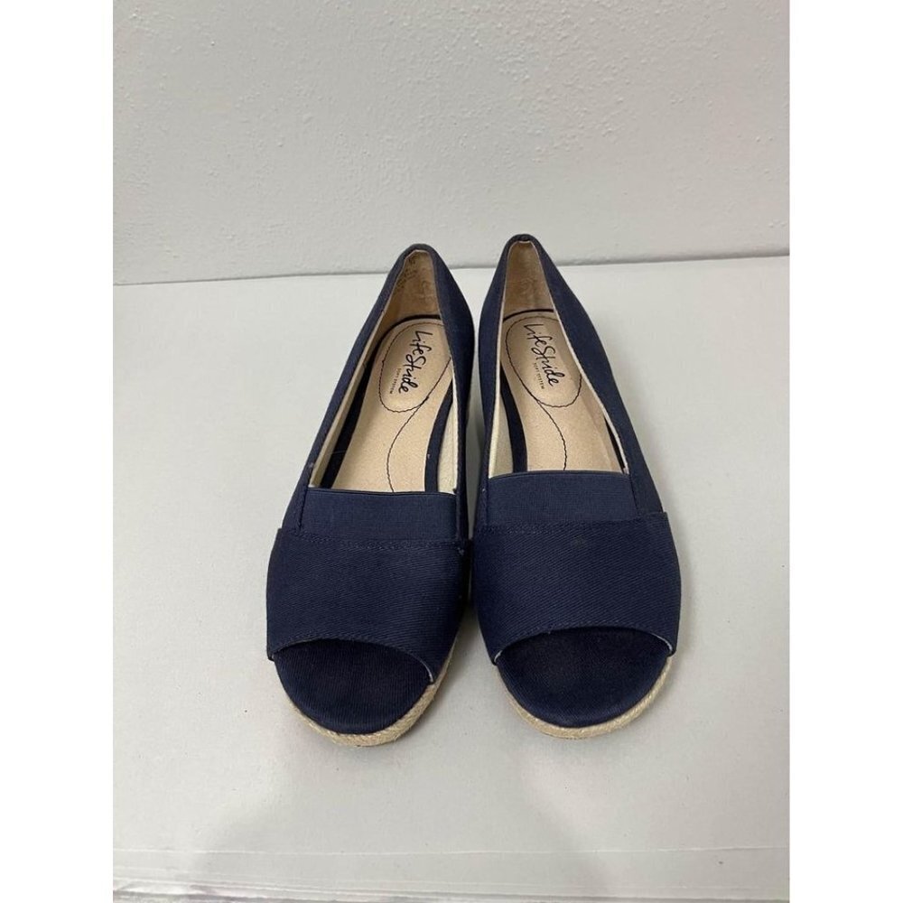 Life Stride  sola wedge open toe canvas  upper shoes navy blue size 7